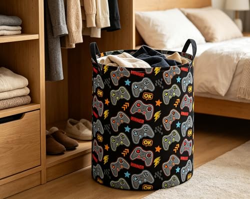 Image of ESSME Kids Laundry Basket,Game Hamper Collapsible Canvas Waterproof Storage Bin for Boys, Cute Hamper,Gift Baskets(Game)