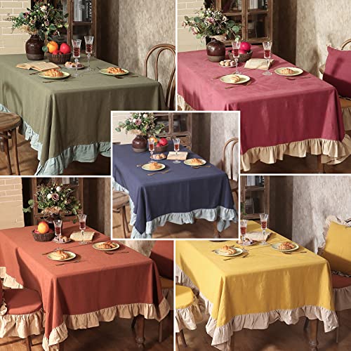 Patdrea Blue Farmhouse Ruffle Tablecloth Rectangle Ramie Table Cloth Thick Gorgeous Country Vintage Shabby Chic Tablecloth For Dining Room Party Holiday Decor 55" X 71" #TOP6