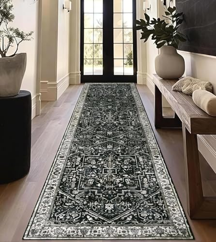 Homcomodar Teppich Läufer Flur 80x300cm Vintage Läufer Küchenteppich Waschbar Teppich Flur rutschfest Kurzflor Teppichläufer für Küche Eingang Schlafzimmer Wohnzimmer（Schwarz）