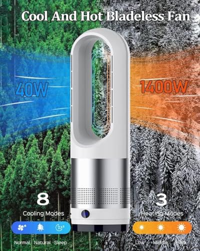 flügelloser Turmventilator mit Luftreiniger, Fernbedienung, 8-Stunden-Timer, 8 Geschwindigkeiten, 80° Oszillation für den Innenbereich
