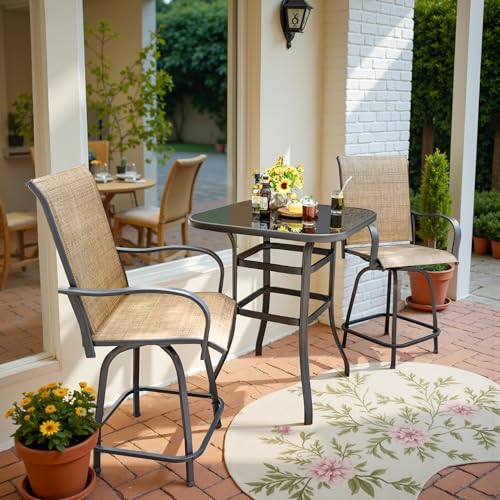 Devoko Patio Swivel Bar Set 3 Pieces | Patio High Top Bar Table and Stools Chairs Set Textilene Sling Fabric Outdoor Bar Stools Set of 2 for Garden, Balcony