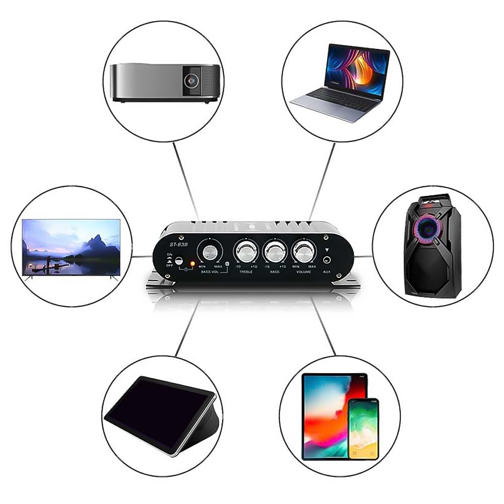 838 Amplificateur de Puissance HiFi 2.1 Canaux 80 W X 2 Amplificateur de Son Stéréo pour Basses avec Sortie Caisson de Basses Amplificateur Audio Domestique Noir