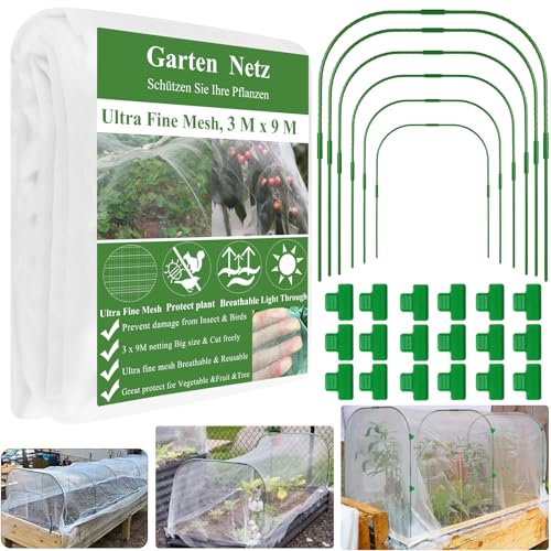 WYRJXYB Pflanztunnel Bögen Kit,3X9M Insektenschutznetz,6 Sets Rostfreier Stahl Tunnelbögen mit 18 Clips,Folientunnel Pflanz Tunnel für Netz Pflanz Abdeckung Hochbeet, Gemüsenetz,Obst