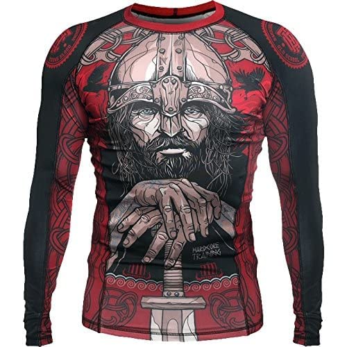 Hardcore TrainingMen's Rash Guard Compression Long Sleeve Jiu Jitsu, MMA No-Gi, Tight BJJ Grappling Base Layer Combat, Red/Black/Grey, Large