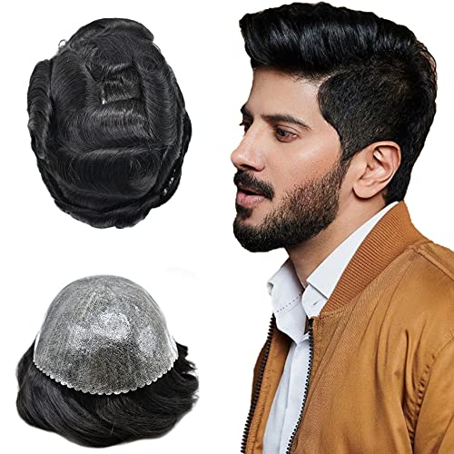 Healthlif Toupee For Men Full Poly Mens Toupee Human Hair Pieces For Men Hair Replacement System Hairpieces For Men Protesis Capilar Para Hombre 8x10#1 JET BLACK 120% Density
