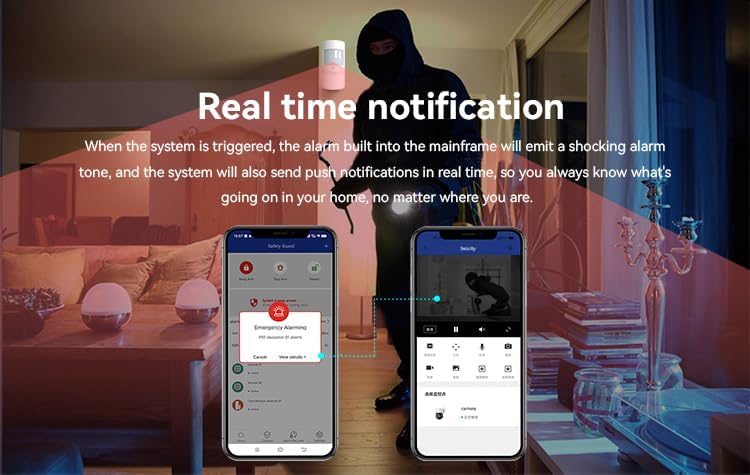 An image depicting real-time notifications from the alarm system. On the left, a smartphone displays an 'Emergency Alarming' push notification. On the right, another smartphone shows a surveillance camera feed, with an intruder visible in the background of the room.