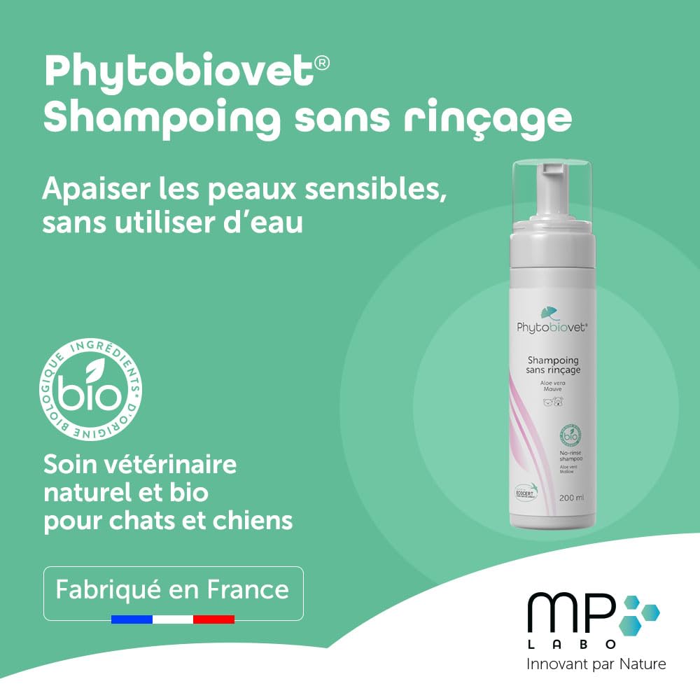 MP Labo Phytobiovet® Shampoing sans Rinçage pour Chien et Chat 200 ML - A l’Aloe Vera et à la Mauve - Labellisé Ecocert Ecosoin Bio des Animaux