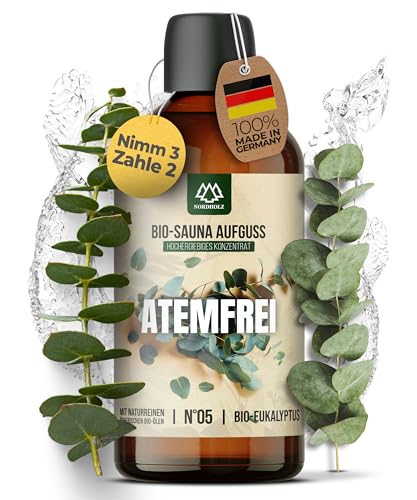NORDHOLZ® Saunaaufguss BIO [NATURREINE ÄTHERISCHE BIO-ÖLE] Sauna Aufgussmittel #5 Atemfrei 100ml Eukalyptus - Sauna Aufguss aus Franken - Saunaöl