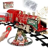 Ferngesteuerter Weihnachtszug mit Rauch, Licht, Sound & Vorwärts/Rückwärts-Fahrt – Elektrische Eisenbahn Kinder mit Lokomotive, 3 Waggons & 12 Schienen – Weihnachtsbaum Zug für Kinder ab 3 Jahren