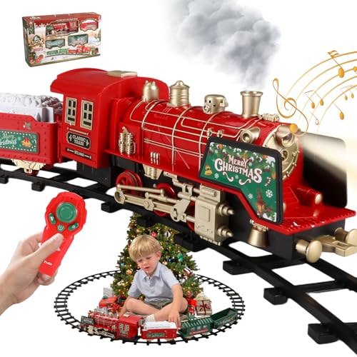 Comboio de Natal elétrico com controlo remoto, fumo, luzes, sons e marcha bidirecional, comboio para árvore de Natal com locomotiva com 3 vagões e 12 vias, brinquedo para crianças entre 3 e 10 anos
