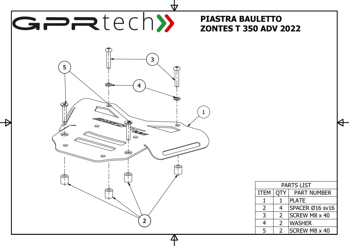 GPR Tech Compatible avec 350 T2 2022/2023 e5 Top Case ALPI-Tech 55 LT. Argent Top Case en Aluminium, Couleur Argent avec Plaque spécifique Incluse Capacité litres 55