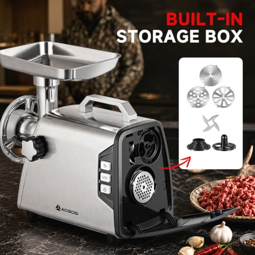 Image of AAOBOSI #12 Meat Grinder Heavy Duty, 3000W Electric Meat Grinder for Hunting with All-Metal Gearbox & Reverse Function, Built-in Storage Box, All-Stainless Body for Deer Wild Game Processing