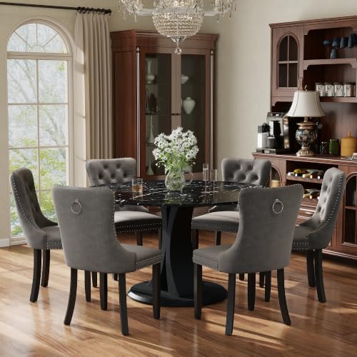 Image of 7-Piece Dining Table Set for 6 with 47 In Black Faux Marble Round Table