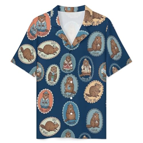 Men's Two Piece Button Down Soft Shirt and Shorts Pajamas Set Lightweight Sleepwear Summer Loungewear (Cute Groundhogs Blue)3