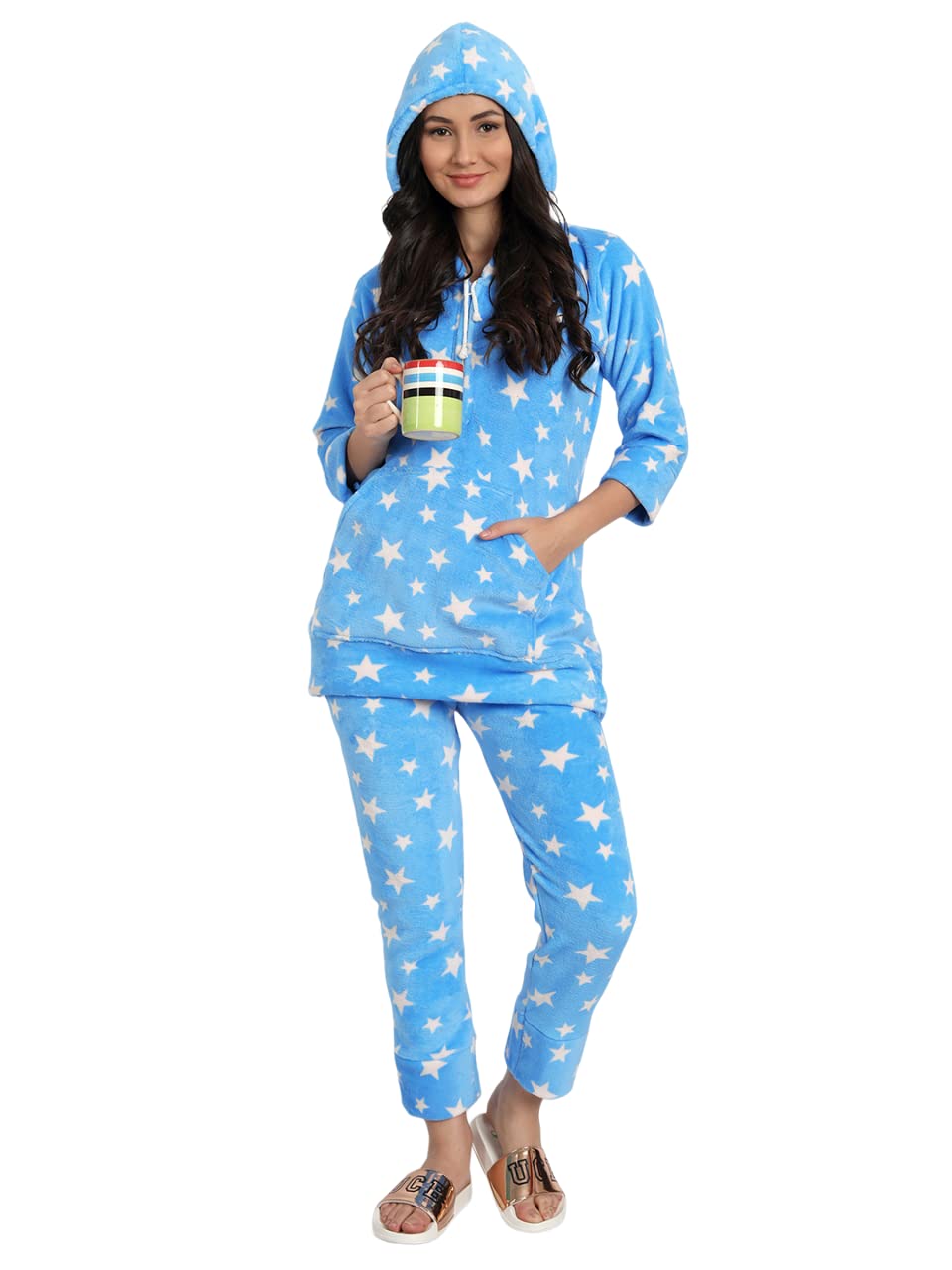 Women's Woolen DOTT Printed Hoodie Night Suit-image-3