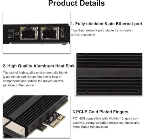 2.5Gbps PCIe Tarjeta de Red, Adaptador Ethernet RJ45 Doble Puerto Gigabit LAN, Soporta IEEE 802.3az EEE, para Escritorio Gaming Oficina miniatura 3