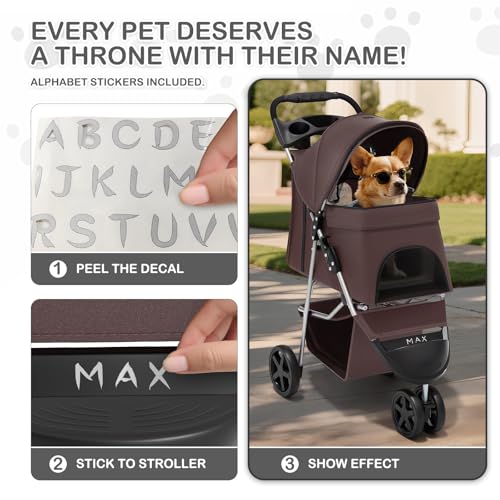 Image of MoNiBloom Foldable Dog Strollers for Small Dogs with Weather Cover, 3 Wheels Pet Strolling Cart for Dogs and Cats with Storage Basket and Cup Holder, Breathable and Visible Mesh for All-Season, Coffee