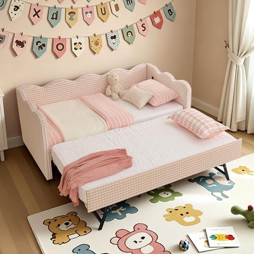 KEIKI Twin Size Upholstery Daybed with Trundle and USB Twin to King Design Adorable Wave Shaped Extendable Linen Sofa Bed Easy Assembly No Box Spring Required for Living Room and Bedroom Pink