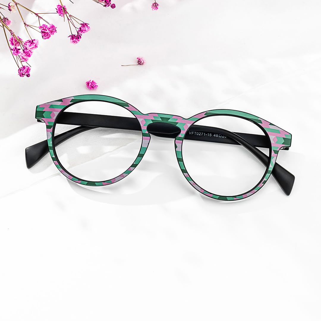 Zeelool Unisex Chic TR90 Round Eyeglasses Frame with Non-prescription Clear Lens Street-Artist ZVFT0271-15 Green-Floral