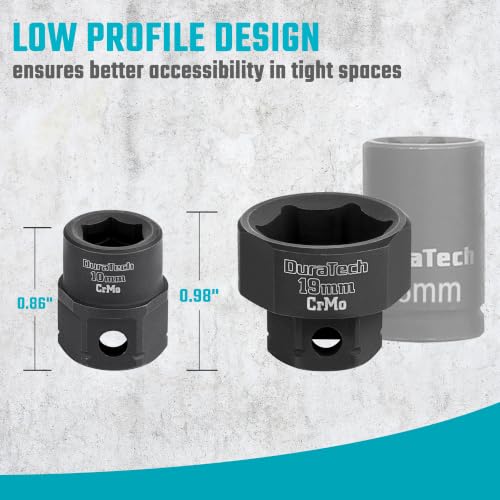 Image of DURATECH 10-Piece 3 /8 inch Drive Stubby Impact Socket Set for Narrow Spaces | 10mm-19mm, Metric, Cr-Mo Steel, Size Markings, for Tight Spaces, Organized in Magnetic Storage Rail, for Automotive Repairs