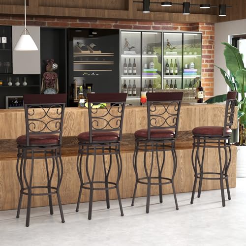 Butacos altos de bar de 30 pulgadas, juego de 2 unidades, giratorios 360 grados, estilo retro, con asiento y respaldo acolchados en cuero sintético, para cocina, bistró, pub y sala miniatura 5