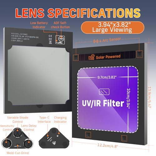 Large Viewing Auto Darkening Welding Helmet with Solar Rechargeable Power and 4 Arc Sensors – Fits TIG, MIG, and ARC Welding