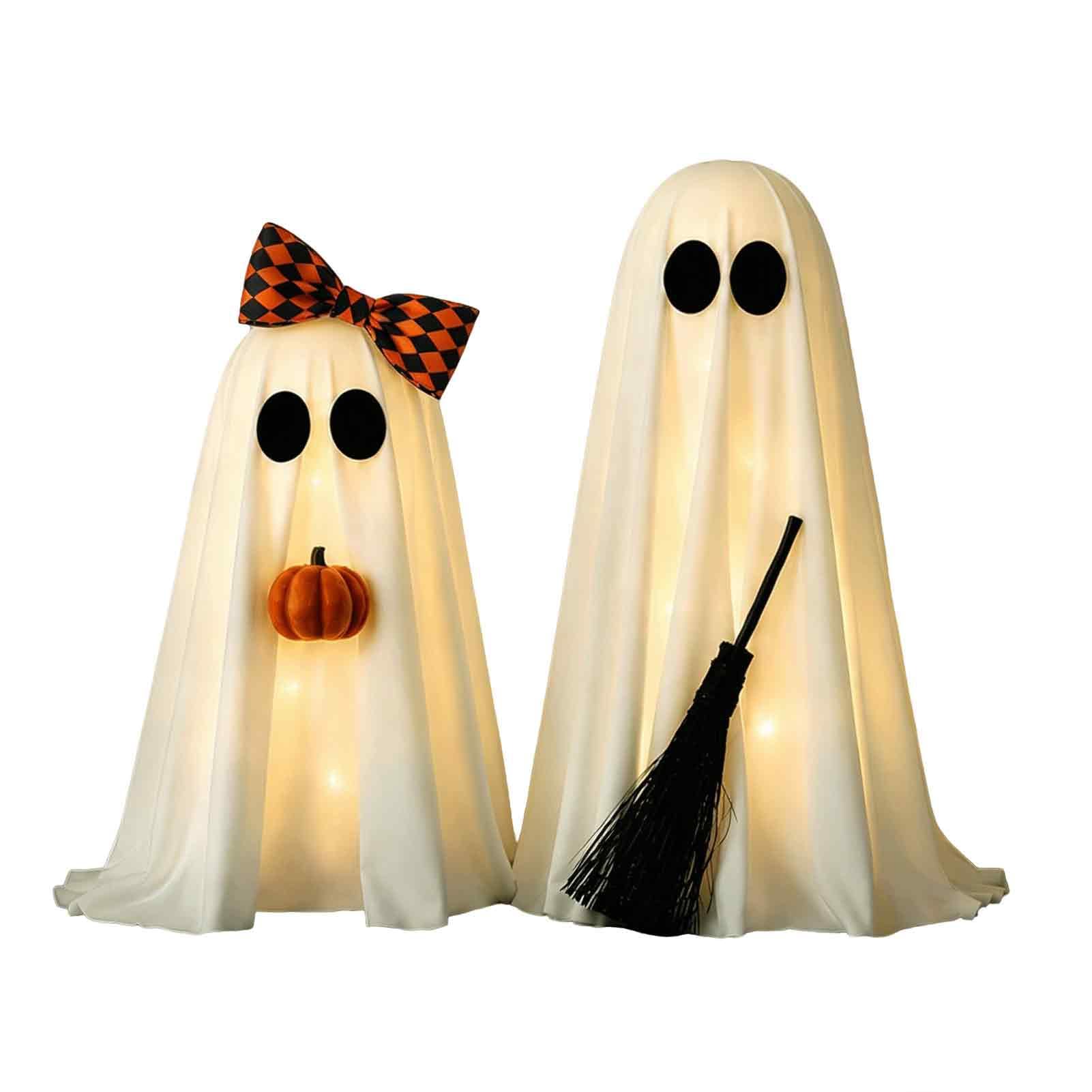Tuxoiou Halloween Ghost Decorations Set of 2, Light Up Standing Spooky Figures with Broom and Pumpkin for Tiered Tray Home Table Indoor Party Ornaments 40cm and 50cm B