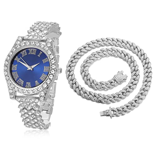 Image of Halukakah Diamonds Gold Watch Iced Out, Kid's 18K Real Gold /Platinum White Gold Plated 36MM Width Green /Blue /Red Dial Quartz Wristband 8 inch with Cuban Link Chain 7 inch+16 inch Bracelet, Free Giftbox