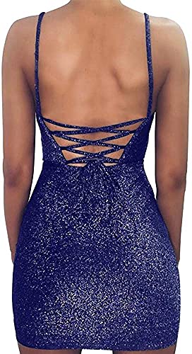 Image of VANCOL Women's Sexy Glitter Spagetti Straps Lace Up Back Bandage Bodycon Mini Club Party Dress