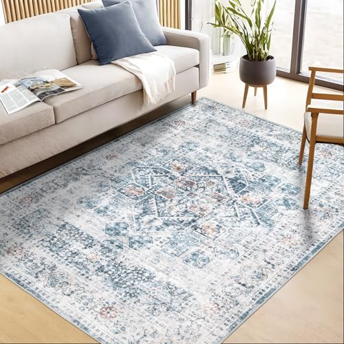 Area Rugs 8×10 Washable Rug for Bedroom, Vintage Floral Rug Soft Non Slip Stain Resistant Carpet for Living Room Dinning Room Kitchen Home Office White Blue