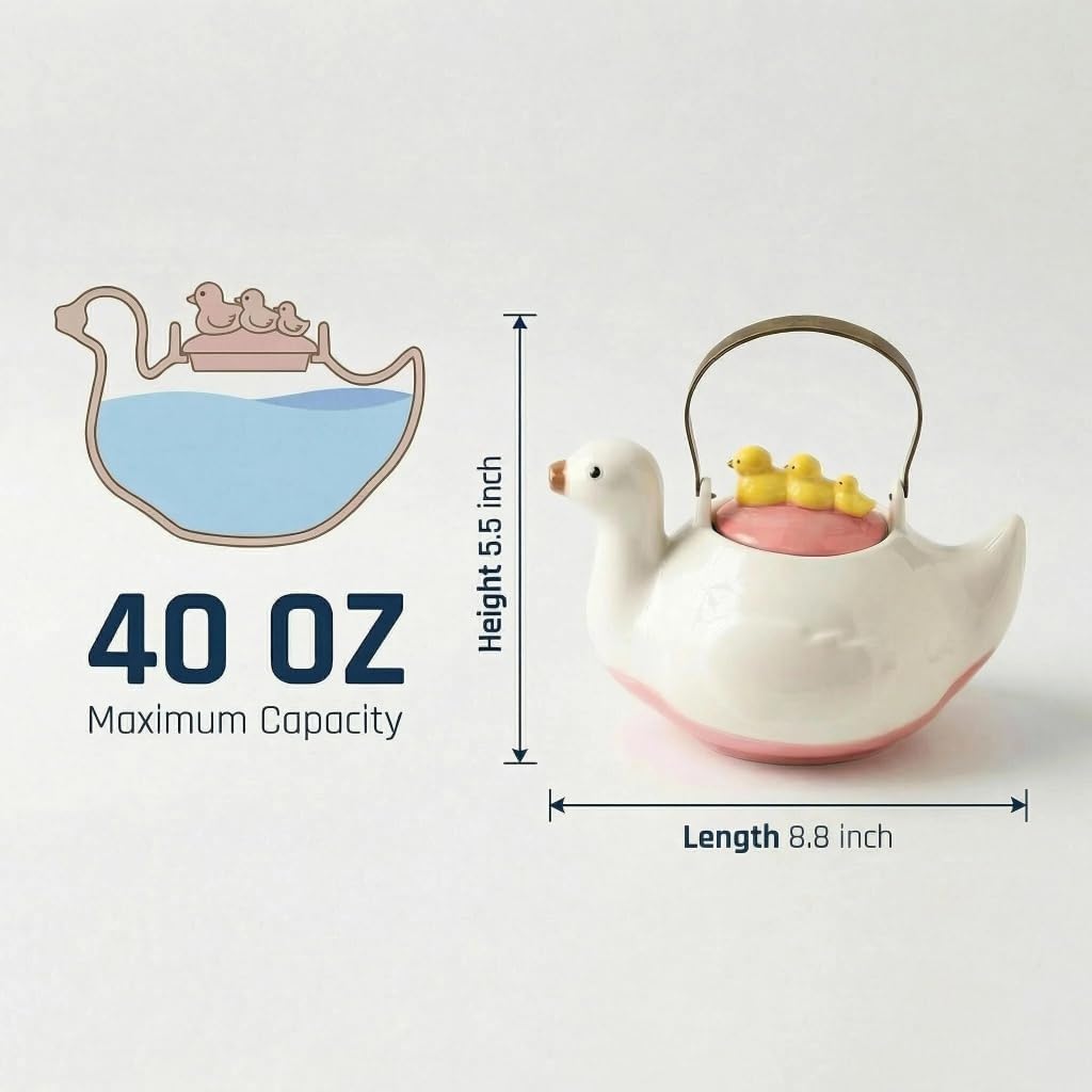 Cute Duck Ceramic Teapot, 40 oz, Iron Handle