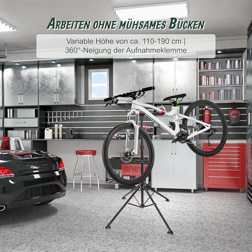 Relaxdays Fahrradmontageständer Reparaturständer mit Werkzeugablage – klappbar & höhenverstellbar – schwarzer Montageständer vierbeinig stabil mit festem Stand – Stahl pulverbeschichtet, 10017183, STANDARD