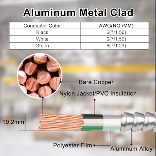 Image of 6 /2 Metal Clad (MC) Cable with Ground 50ft, 6 Gauge Electric Wire with Aluminum Armor, Solid Bare Copper Conductors for Indoor Outdoor Underground Embedded Installation (6 /2, 50 FT)