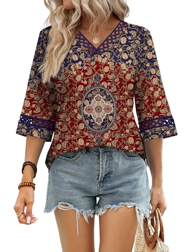 Image of WIHOLL Womens Tops Eyelet Lace V Neck 3 /4 Bell Sleeve Blouses Dressy Casual Work Shirt 2026 Summer Fall Fashion Clothing