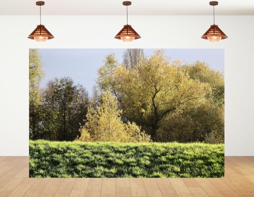 12x8ft Fabric Autumn Yellow Leaf Tree Backdrop Fresh Green Meadow