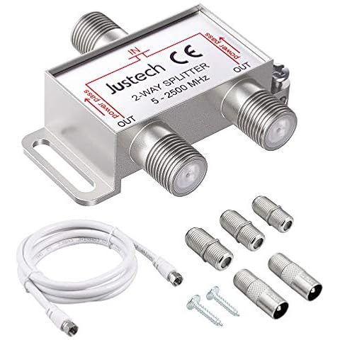 Justech TV Aerial Splitter 2 Way Satellite Splitter F Type Splitter 5-2500MHz with 1.5m Coax Cable F Plugs for Sky Box Telewest Eurovox Starview Dreambox Cover