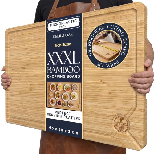Deer & Oak XXXL Bamboo Chopping Board 60 x 40 x 3.2cm Double Sided with Juice Groove Both Sides Pre Oiled Extra Large Wooden Cutting Board for Carving Serving Worktop & Hob Cover Use