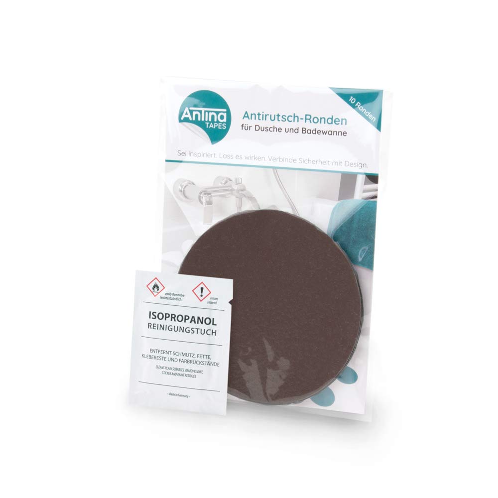 AnTina TAPES Adesivo marrone antiscivolo come cuscinetti per doccia e vasca da bagno, adesivo certificato, antiscivolo e autoadesivo, come tappetino da bagno (10 pezzi, 9 cm (diametro), marrone)