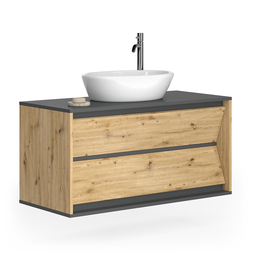 Vicco Meuble sous Vasque Simple Edelin, Anthracite/Artisan, 100x50cm | avec 2 tiroirs, pour montage mural et compatible avec siphons standards
