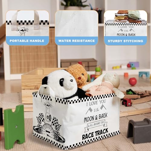 Image of Race Car Storage Basket for Boys, Boys Checkered Basket, Race Flag Kids Baby Storage Bin Toy, Car Themed Room Decor for Nursery, Large Squarecanvas Laundry Hamper With A Waterproof PECoating, Foldable