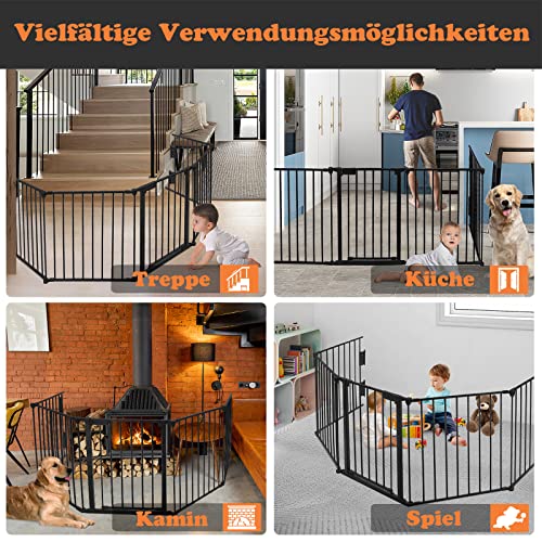 LZQ Kaminschutzgitter mit Sicherheitstür Metall Ofenschutzgitter Gesamtlänge 300 cm, Kamingitter Kinderschutz Faltbar, Treppenschutzgitter Konfigurationsgitter inkl. 5 Elemente