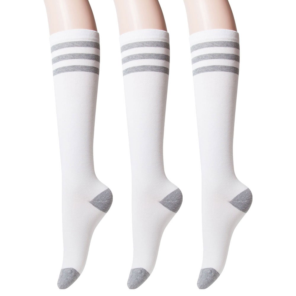 Sockstheway Womens Casual Knee High Tube Socks with Triple Stripes (3Pairs, Gray)