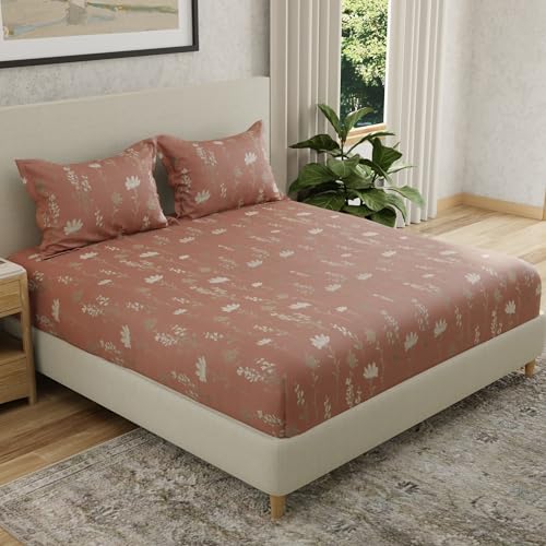 Image of HUESLAND by Ahmedabad Cotton 144 TC Double Bedsheet Cotton with 2 Pillow Covers | Rust, White & Grey