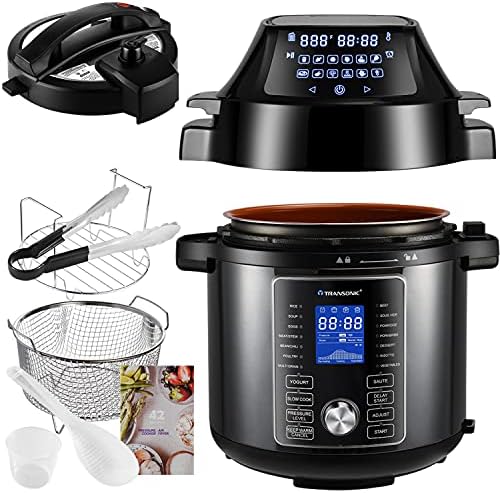 Transonic OPA160 Pressure Cooker Air Fryer Combo, 6 Quart 1500W Multi Cooker Pressure Cooker Air Fryer, All in 1 Pressure Cooker with Air Fryer Lid, Large LED Display, Black Metallic