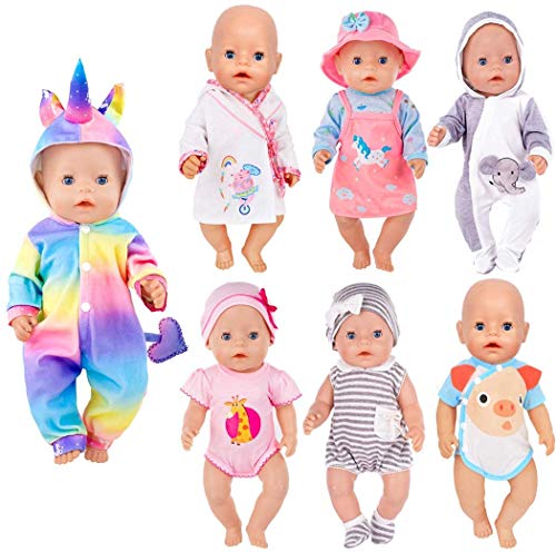 ebuddy 7 juegos de ropa de muñeca accesorios para muñecas de 43 cm, incluye mamelucos de estilo de dibujos animados, vestido, camisón y sombrero (sin muñeca) Cover
