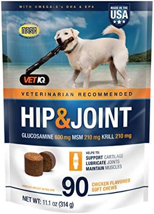 VetIQ Hip & Joint Supplement for Dogs, Anti Inflammatory Joint Support, Glucosamine, MSM, and Krill, Chicken Flavored Soft Chews, 90 Count
