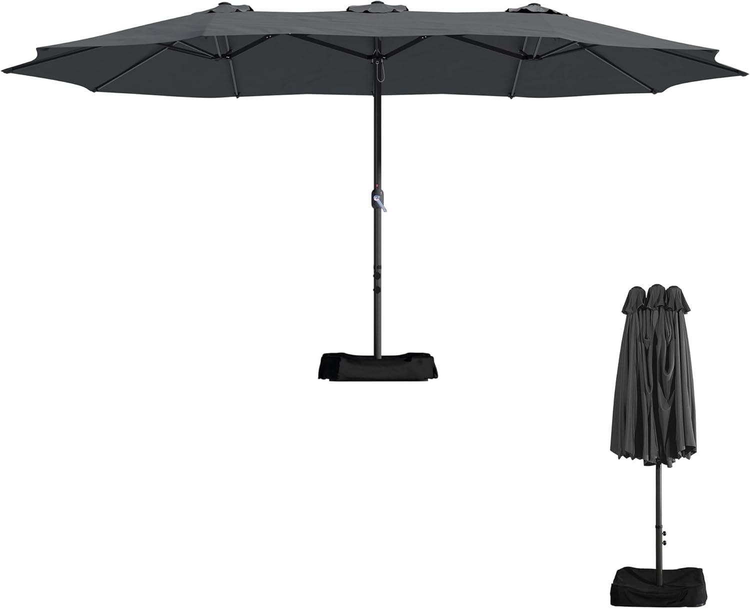 15 Ft Outdoor Rectangular Crank Market Umbrella with Base Dark Grey