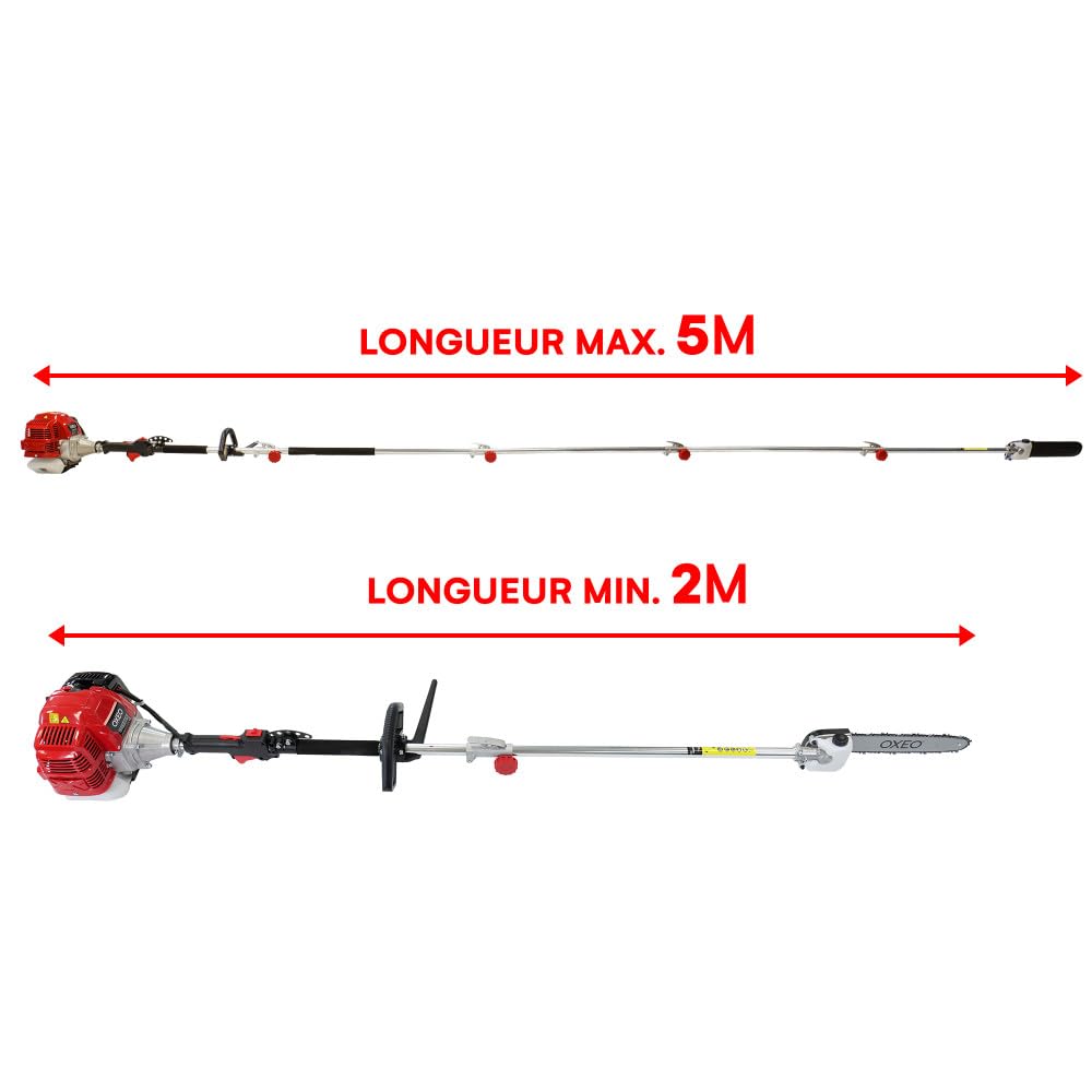 Elagueuse thermique sur perche - Moteur 2 temps 52 cm3-3 rallonges extensions - Longueur totale 5.06m - Guide chaîne 30cm
