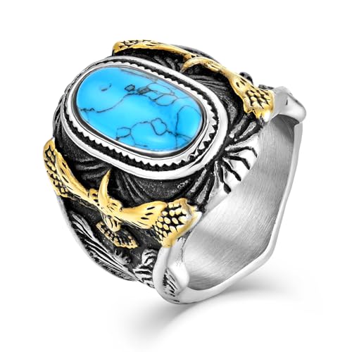 Retro Turquoise Ring for Men Stainless Steel Oval Biker Ring Jewelry for Men,Size7-15