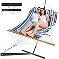 Everyfun 2 Person Outdoor Hammock with Stand, Cotton Rope Hammock with Polyester Pad, Adjustable Steel Frame, Portable with Carrying Bag – for Patio, Backyard, Garden, Beach, Blue